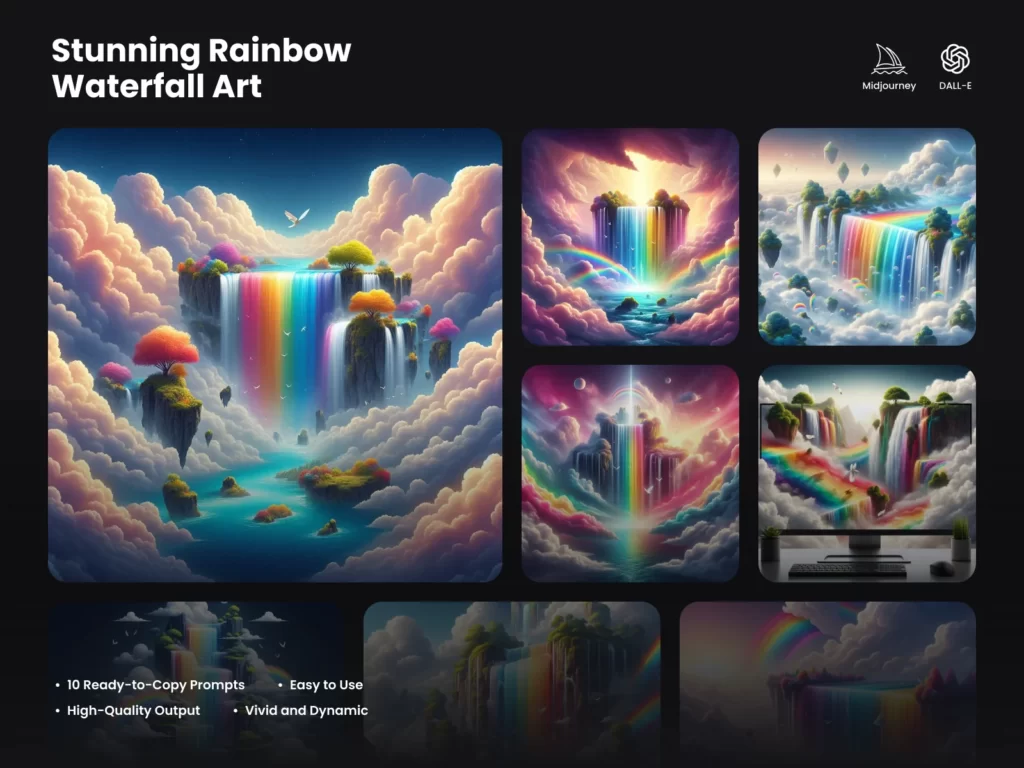 Rainbow Cascade Creations Prompts for Midjourney and DALL-E - Transform Your Space with Stunning Rainbow Cascade Waterfall Art