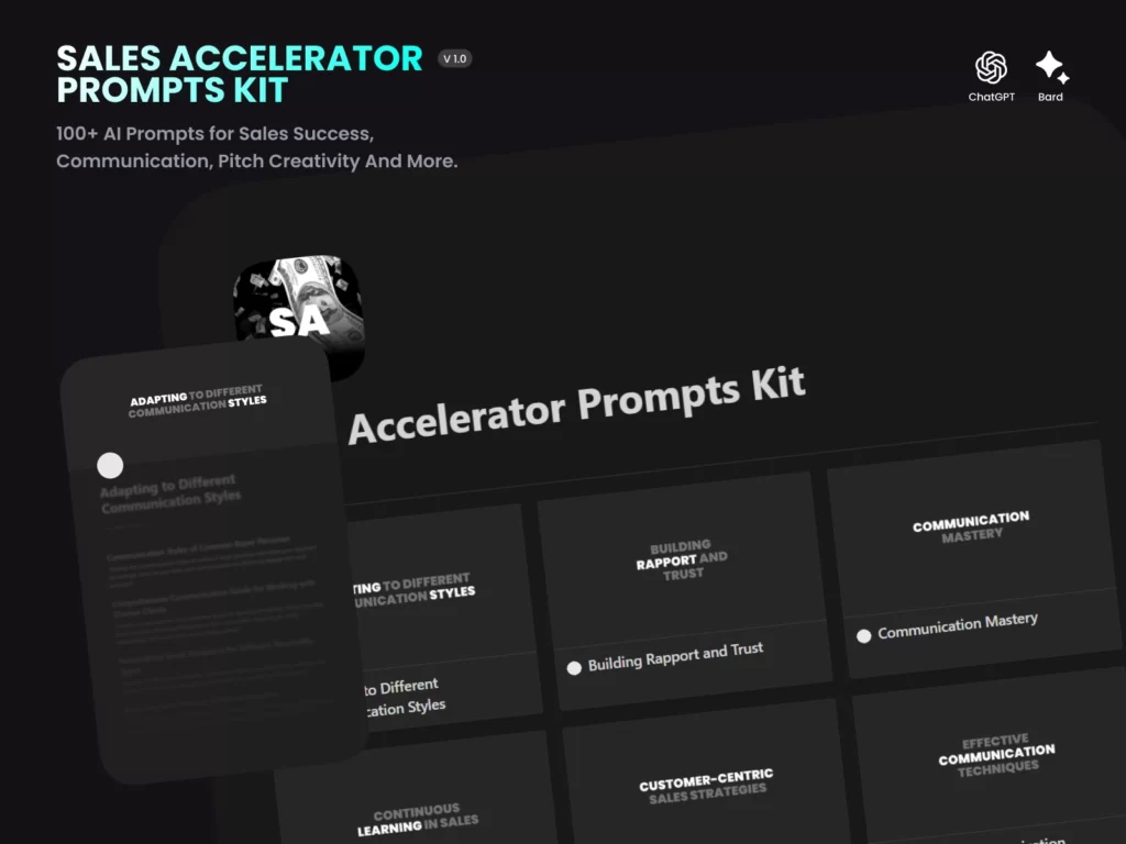 Sales Accelerator Prompts Kit - 100+ AI Prompts for Sales Success, Communication, Pitch Creativity And More