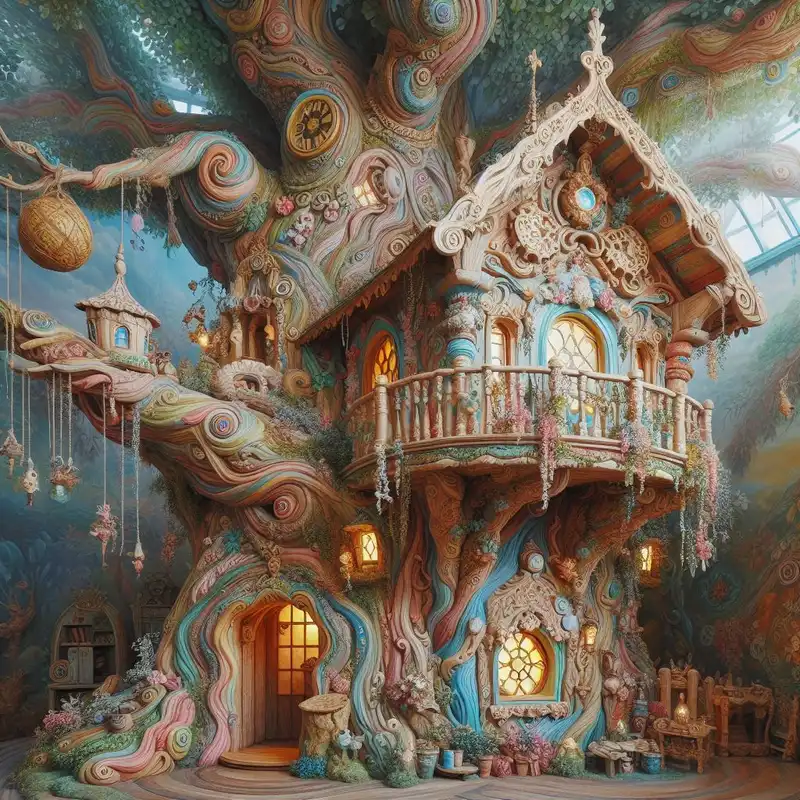 An enchanting treehouse filled with childhood wonder and imagination, aspect ratio {4:3}, inspired by {fairy tale art}, featuring {pastel colors and intricate details}