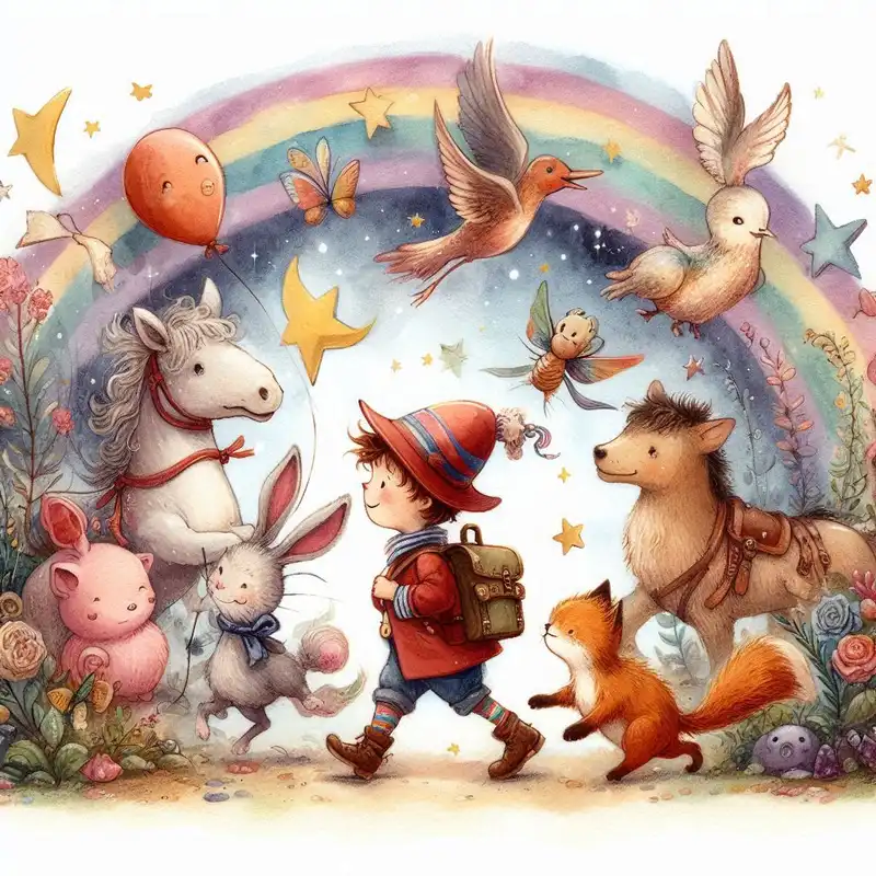 A whimsical childhood illustration featuring playful animals on a magical adventure, aspect ratio {16:9}, in the style of {classic children's book illustrations}, with {soft watercolor textures}