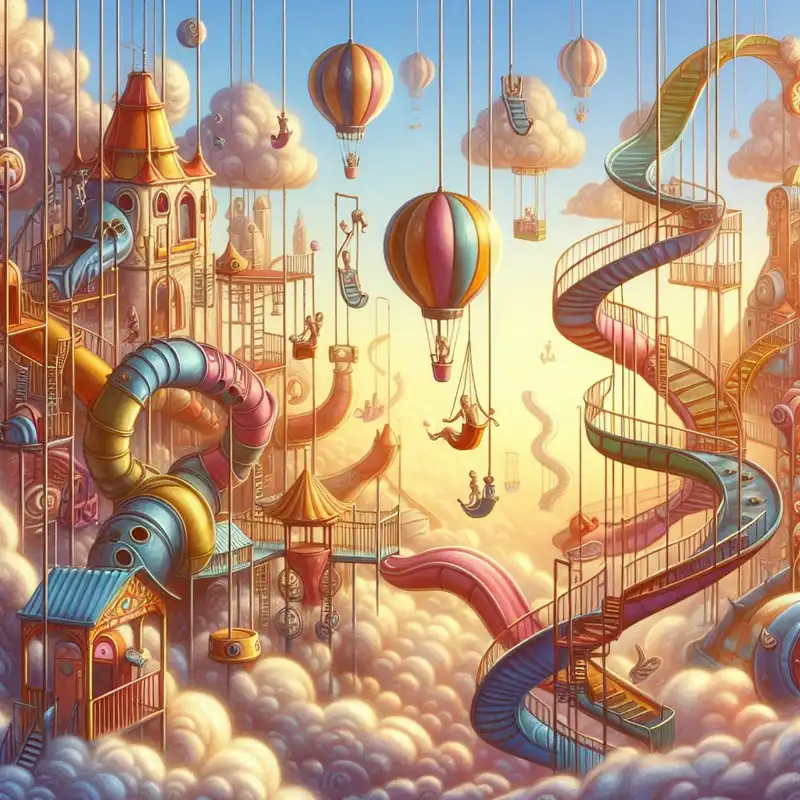 A fantastical playground with impossible slides and swings reaching the clouds, aspect ratio {3:2}, in the style of {whimsical surrealism}, with {vibrant colors and exaggerated proportions}