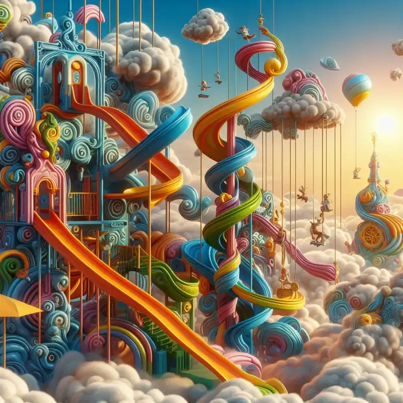 A fantastical playground with impossible slides and swings reaching the clouds, aspect ratio {3:2}, in the style of {whimsical surrealism}, with {vibrant colors and exaggerated proportions}