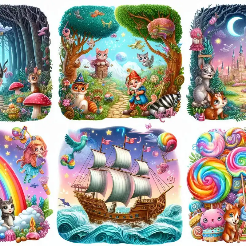 A delightful landscape made entirely of candies and sweets, with children exploring, aspect ratio {5:4}, in the style of {quirky children's book art}, with {mouth-watering textures and playful character designs}