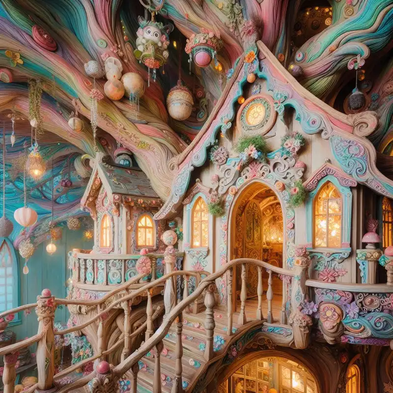 An enchanting treehouse filled with childhood wonder and imagination, aspect ratio {4:3}, inspired by {fairy tale art}, featuring {pastel colors and intricate details}