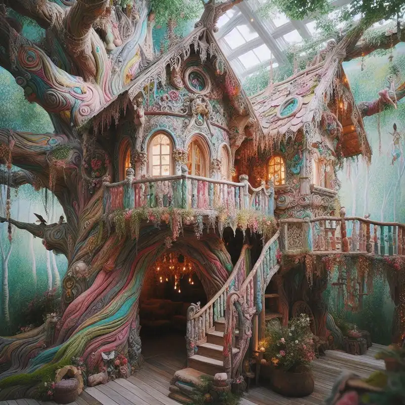 An enchanting treehouse filled with childhood wonder and imagination, aspect ratio {4:3}, inspired by {fairy tale art}, featuring {pastel colors and intricate details}