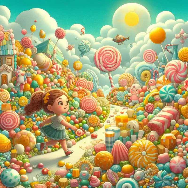 A delightful landscape made entirely of candies and sweets, with children exploring, aspect ratio {5:4}, in the style of {quirky children's book art}, with {mouth-watering textures and playful character designs}