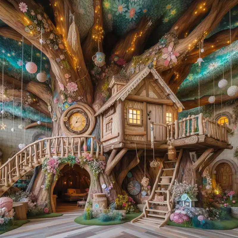 An enchanting treehouse filled with childhood wonder and imagination, aspect ratio {4:3}, inspired by {fairy tale art}, featuring {pastel colors and intricate details}