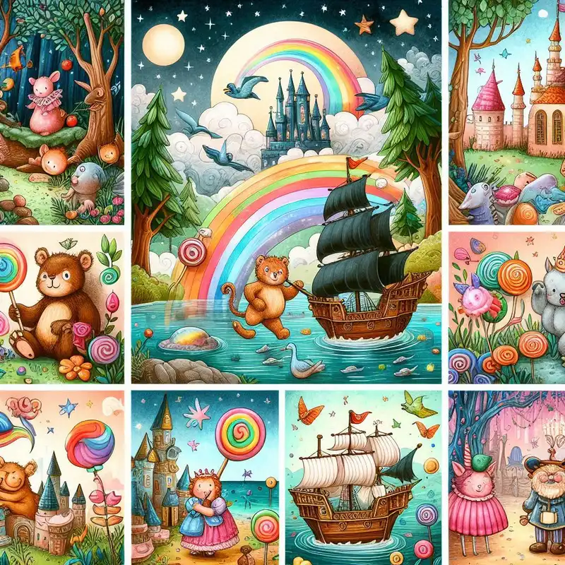 A delightful landscape made entirely of candies and sweets, with children exploring, aspect ratio {5:4}, in the style of {quirky children's book art}, with {mouth-watering textures and playful character designs}