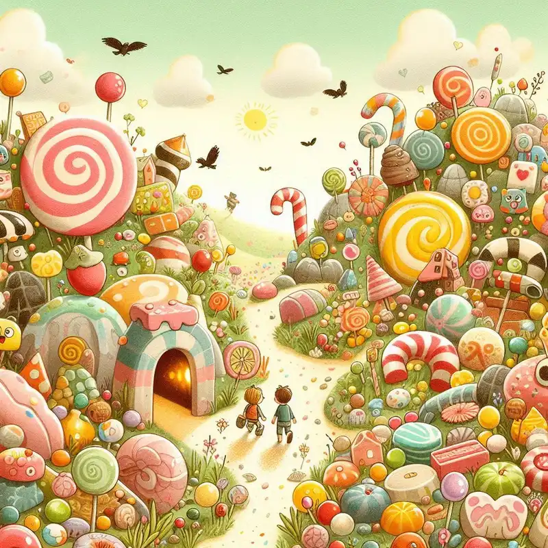 A delightful landscape made entirely of candies and sweets, with children exploring, aspect ratio {5:4}, in the style of {quirky children's book art}, with {mouth-watering textures and playful character designs}