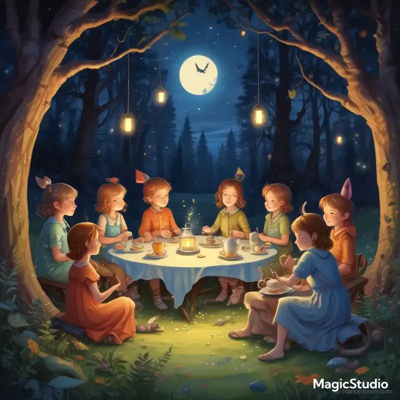 A group of children having a magical tea party with friendly forest creatures under a starry sky, aspect ratio {4:5}, in the style of {enchanted forest illustrations}, with {glowing fireflies and moonlit shadows}