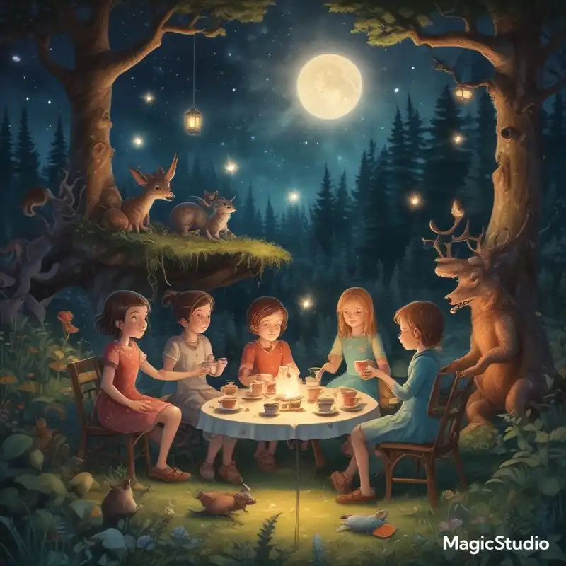 A group of children having a magical tea party with friendly forest creatures under a starry sky, aspect ratio {4:5}, in the style of {enchanted forest illustrations}, with {glowing fireflies and moonlit shadows}