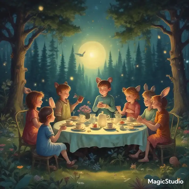 A group of children having a magical tea party with friendly forest creatures under a starry sky, aspect ratio {4:5}, in the style of {enchanted forest illustrations}, with {glowing fireflies and moonlit shadows}