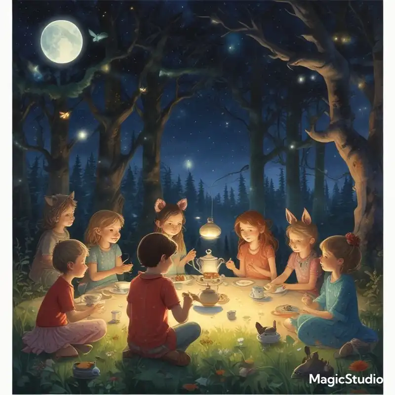 A group of children having a magical tea party with friendly forest creatures under a starry sky, aspect ratio {4:5}, in the style of {enchanted forest illustrations}, with {glowing fireflies and moonlit shadows}