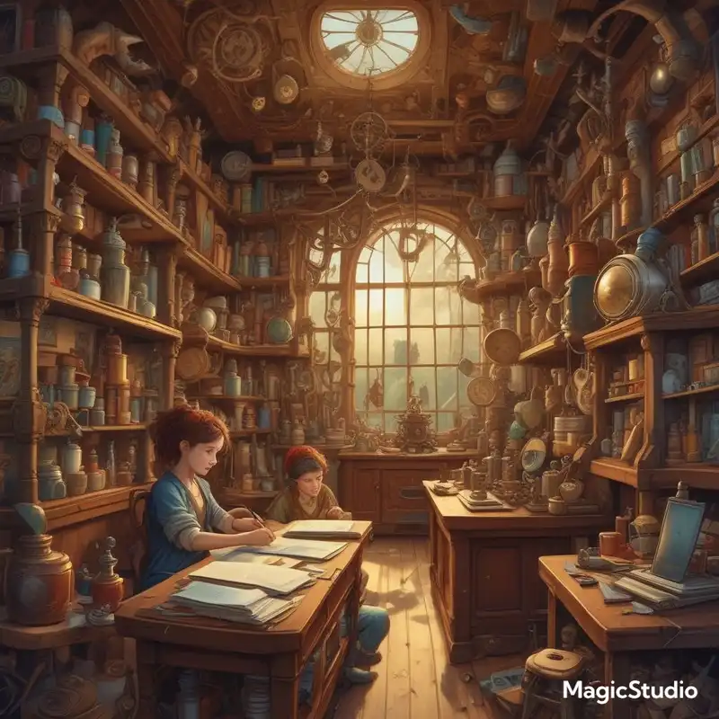 A bustling workshop where children's drawings and imaginings come to life, aspect ratio {2:1}, in the style of {whimsical steampunk}, with {intricate contraptions and fantastical inventions}