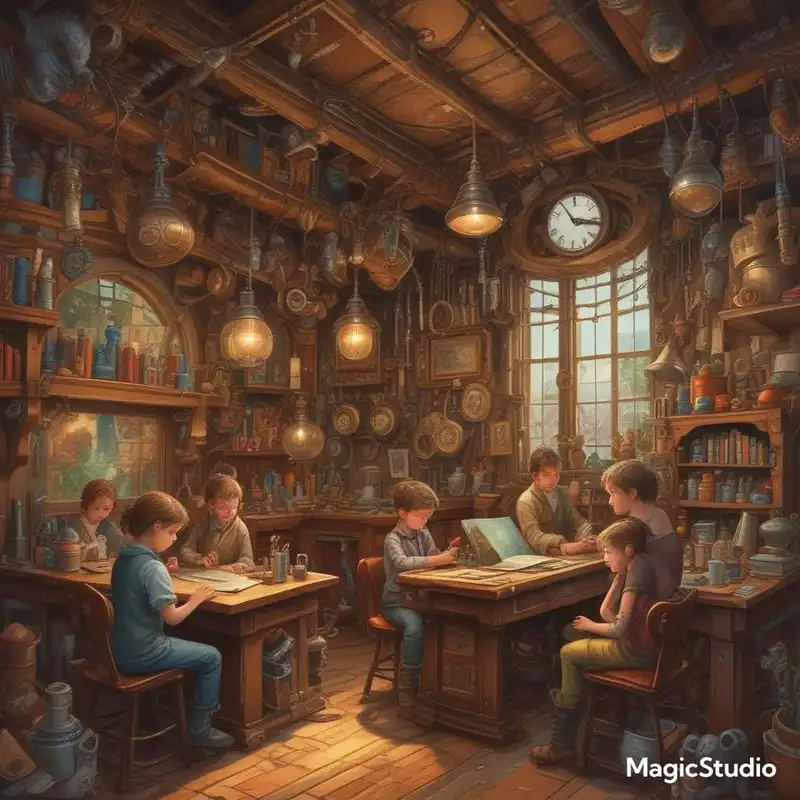 A bustling workshop where children's drawings and imaginings come to life, aspect ratio {2:1}, in the style of {whimsical steampunk}, with {intricate contraptions and fantastical inventions}