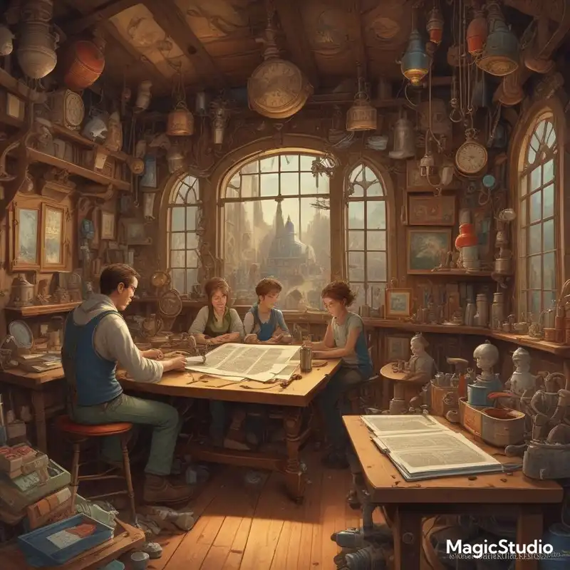 A bustling workshop where children's drawings and imaginings come to life, aspect ratio {2:1}, in the style of {whimsical steampunk}, with {intricate contraptions and fantastical inventions}