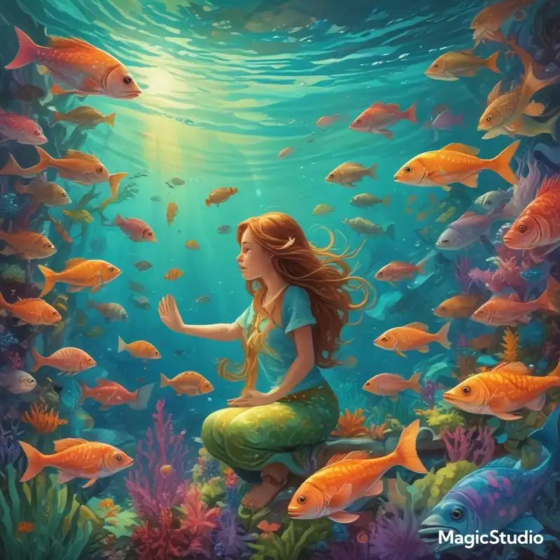 A fantastical underwater classroom with fish as students and a mermaid teacher, aspect ratio {9:16}, inspired by {children's educational illustrations}, featuring {bright colors and playful sea creatures}