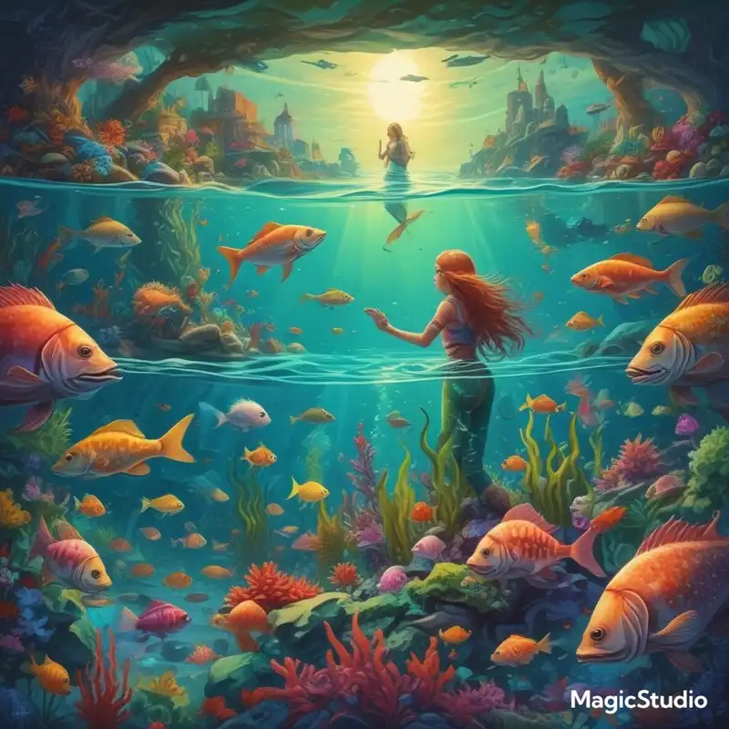 A fantastical underwater classroom with fish as students and a mermaid teacher, aspect ratio {9:16}, inspired by {children's educational illustrations}, featuring {bright colors and playful sea creatures}