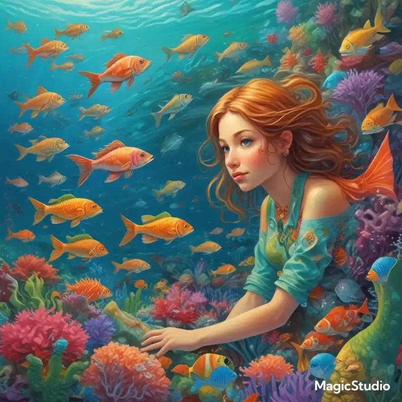 A fantastical underwater classroom with fish as students and a mermaid teacher, aspect ratio {9:16}, inspired by {children's educational illustrations}, featuring {bright colors and playful sea creatures}