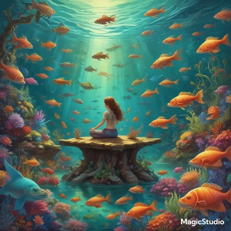 A fantastical underwater classroom with fish as students and a mermaid teacher, aspect ratio {9:16}, inspired by {children's educational illustrations}, featuring {bright colors and playful sea creatures}