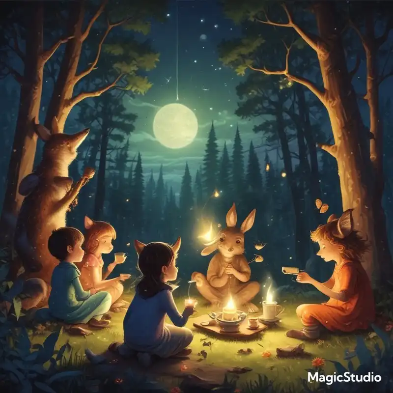 A group of children having a magical tea party with friendly forest creatures under a starry sky, aspect ratio {4:5}, in the style of {enchanted forest illustrations}, with {glowing fireflies and moonlit shadows}