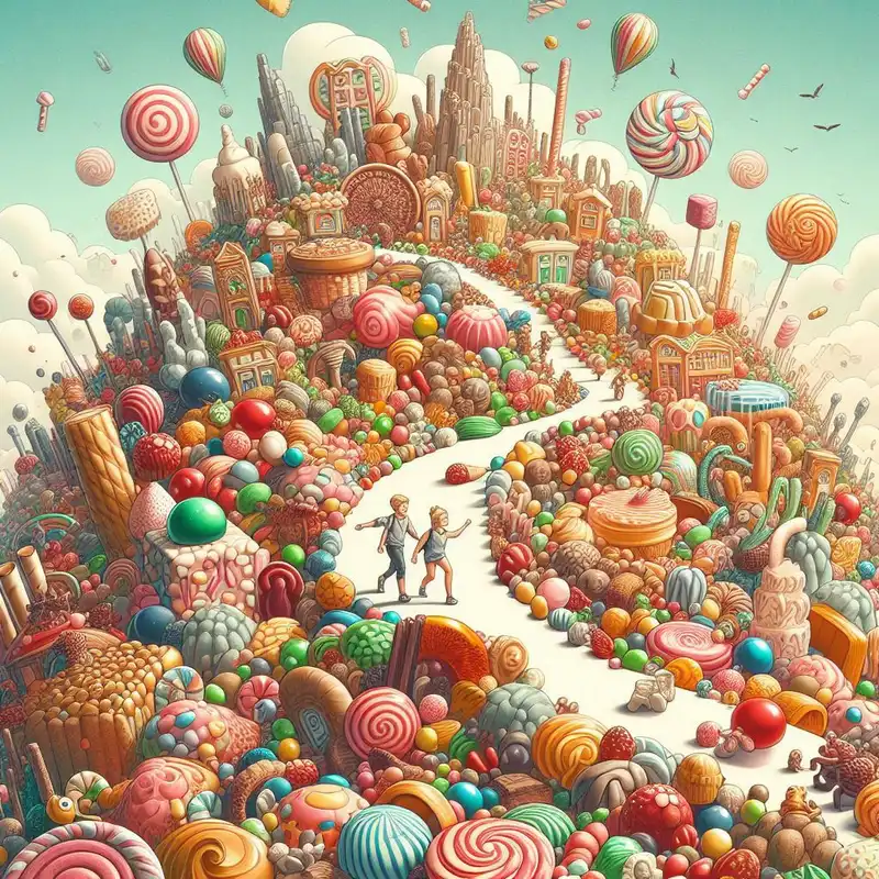 A delightful landscape made entirely of candies and sweets, with children exploring, aspect ratio {5:4}, in the style of {quirky children's book art}, with {mouth-watering textures and playful character designs}