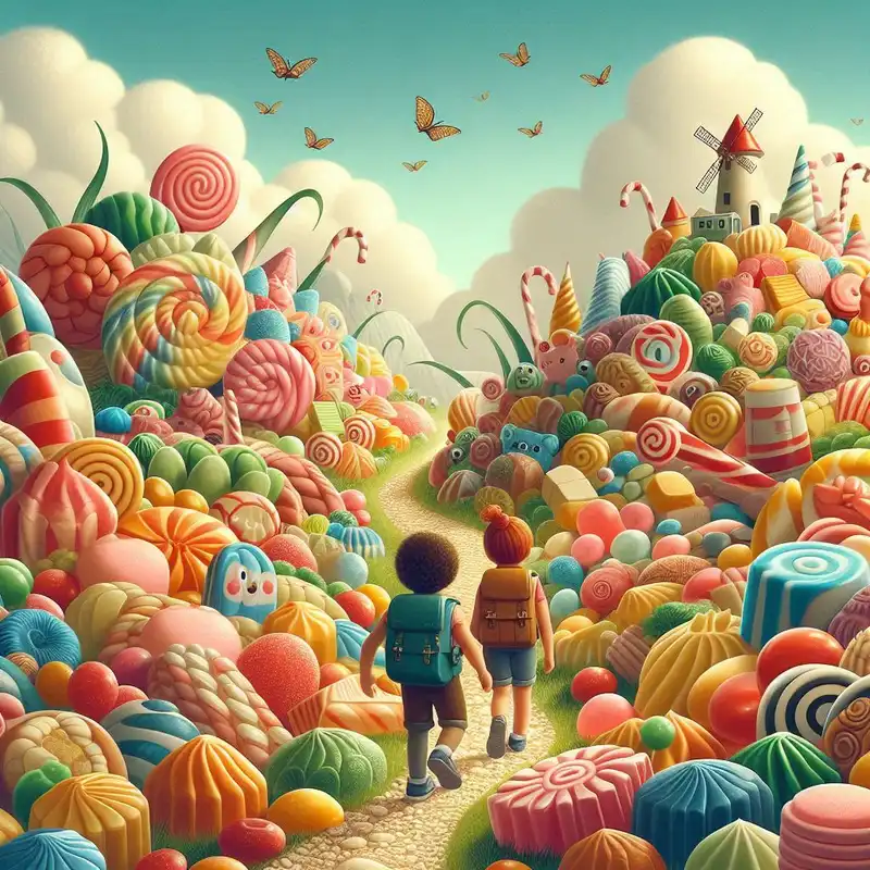 A delightful landscape made entirely of candies and sweets, with children exploring, aspect ratio {5:4}, in the style of {quirky children's book art}, with {mouth-watering textures and playful character designs}