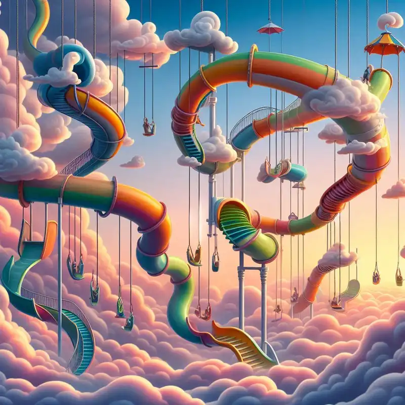 A fantastical playground with impossible slides and swings reaching the clouds, aspect ratio {3:2}, in the style of {whimsical surrealism}, with {vibrant colors and exaggerated proportions}