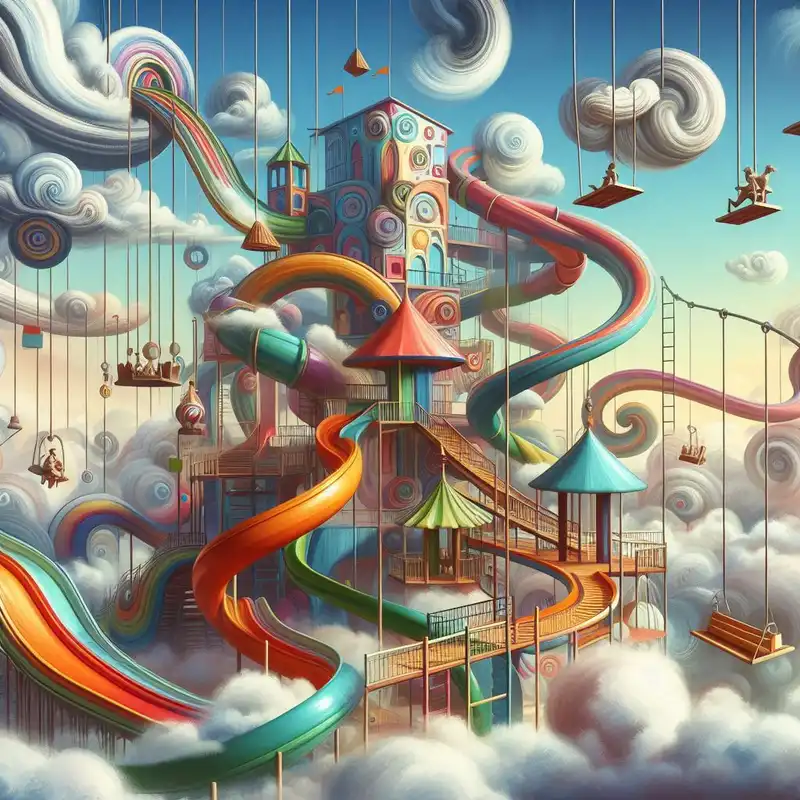 A fantastical playground with impossible slides and swings reaching the clouds, aspect ratio {3:2}, in the style of {whimsical surrealism}, with {vibrant colors and exaggerated proportions}